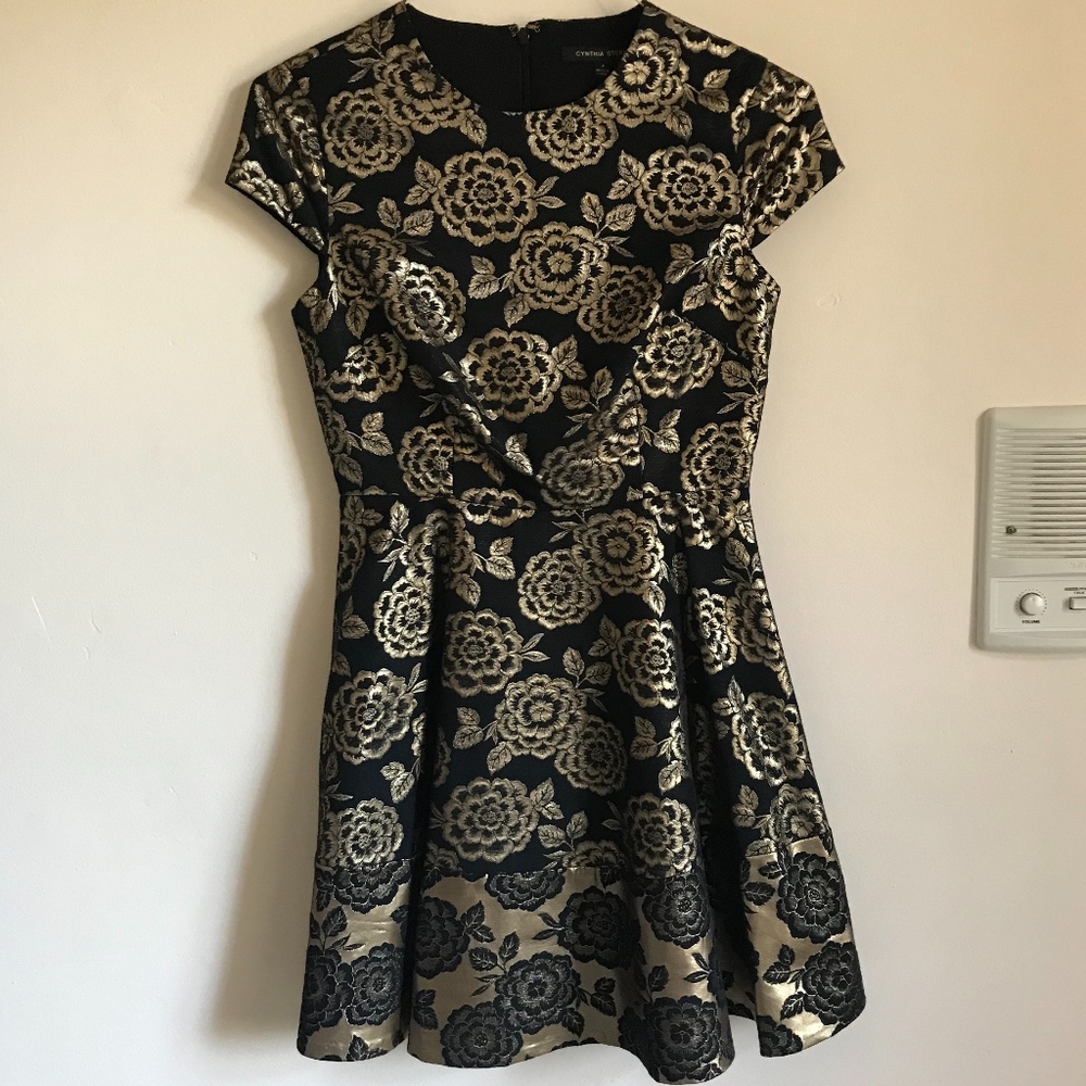 Cynthia Steffe Black and Gold A-Line Dress